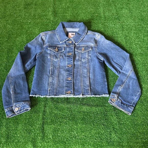 SO Raw Hem Classic Trucker Denim Blue Jeans Timeless Jacket Size L (10/12) - Picture 1 of 12